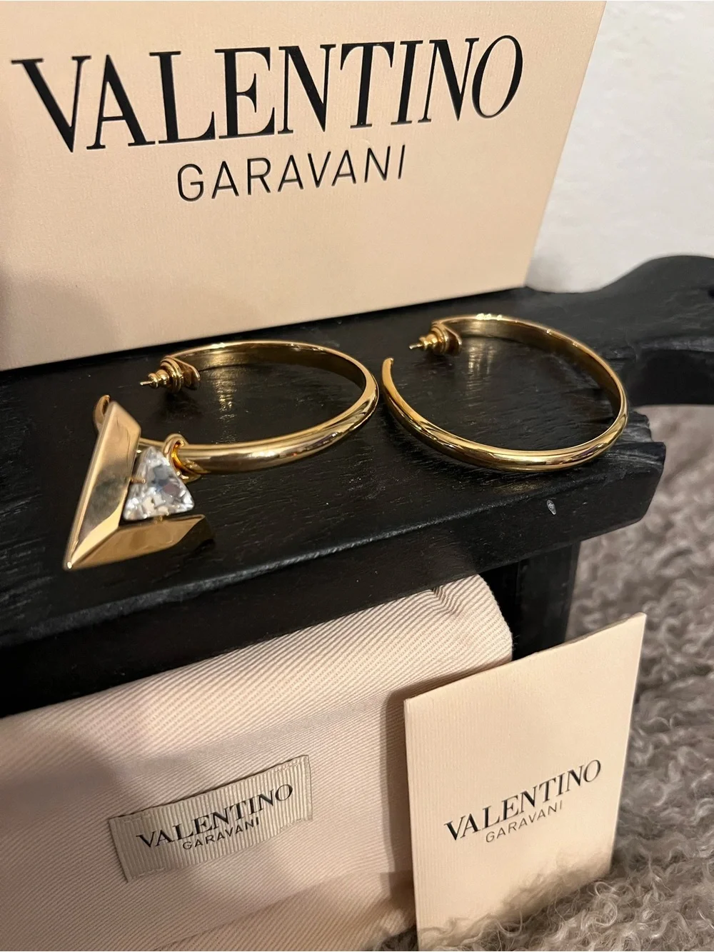 Valentino Garavani Gold Hoop Earrings with Triangle Crystal Charm “Je Les V”